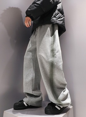 新款侧边条纹设计重磅灰色直筒裤子春秋季宽松时尚垂感休闲弯刀裤