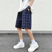 男宽松百搭潮流风垂感抽绳五分裤 高街藏青色格子休闲短裤 美式 薄款