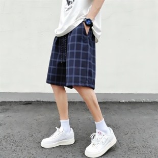 男宽松百搭潮流风垂感抽绳五分裤 高街藏青色格子休闲短裤 美式 薄款