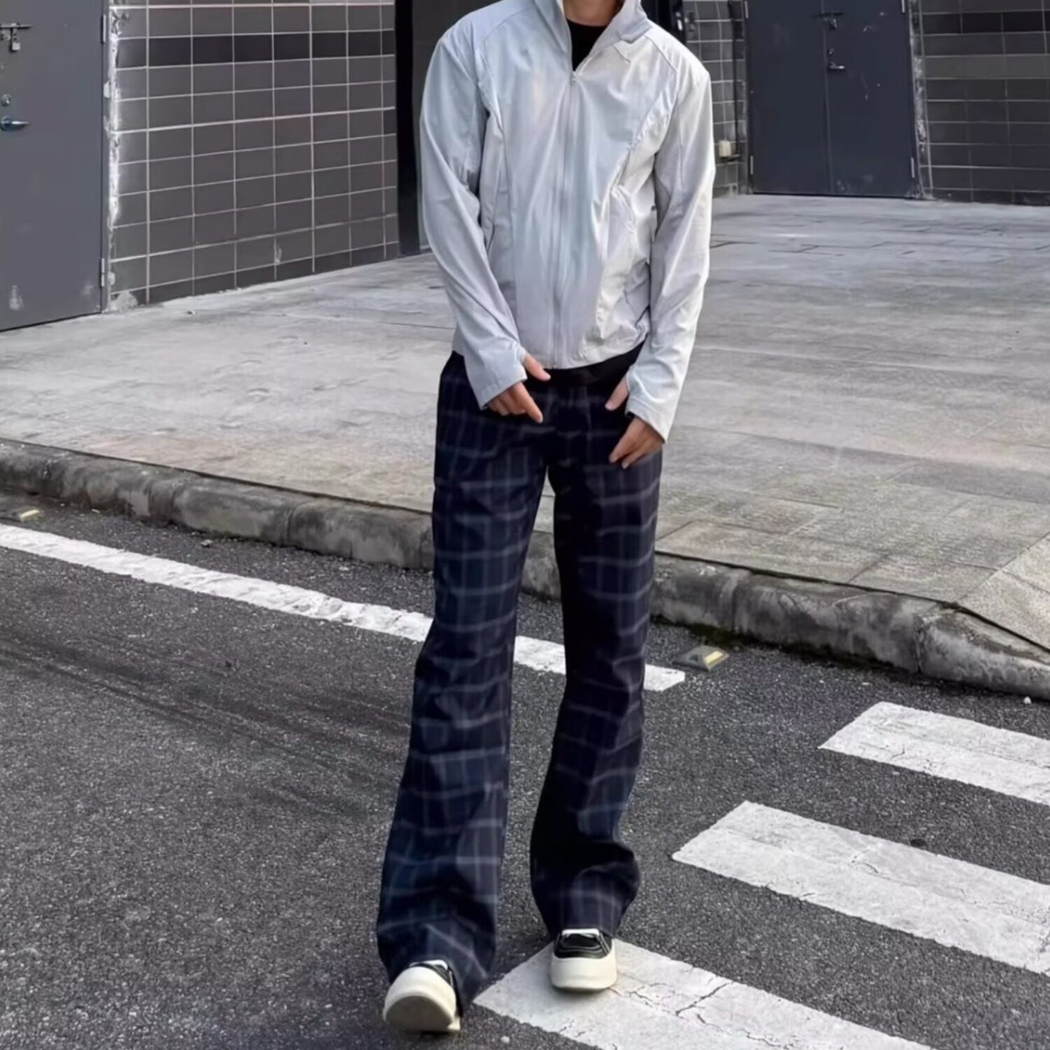 新款美式深蓝色速干格子裤男薄款直筒裤时尚日常穿搭运动休闲长裤