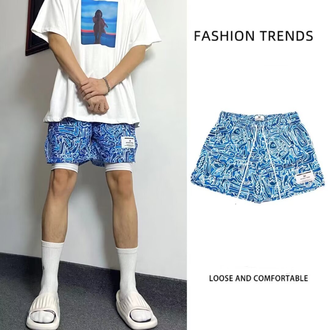 潮流宽松美式短裤男夏季休闲裤蓝色个性花色图案抽绳运动五分裤