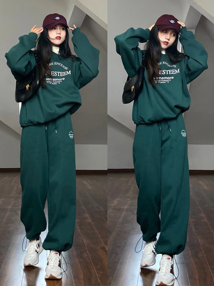 여성을위한 미국 복고풍 짙은 녹색 캐주얼 운동복 봄 가을 느슨한 자수 라운드 넥 스웨트 셔츠와 스웨트 팬츠 2 피스 세트