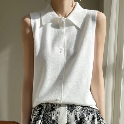 24年新款Polo领无袖精纺羊毛背心内搭气质打底衫纯色翻领薄利开衫