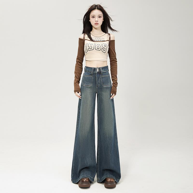 双扣设计微喇阔腿牛仔C24882裤女宽夏季2高025新叭款腰覆古松直筒
