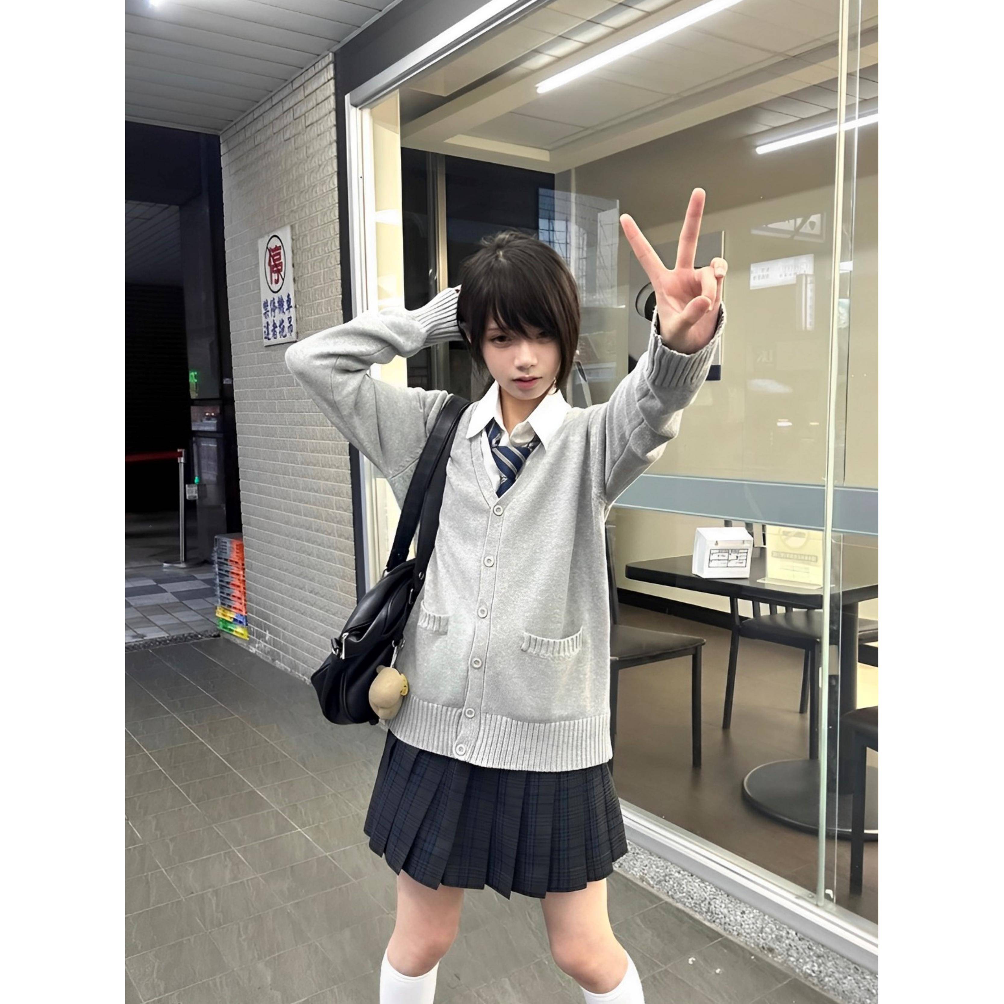 春秋JK制服织针开UMI外衫毛衣日系学院风V女领长袖灰色百外搭上衣