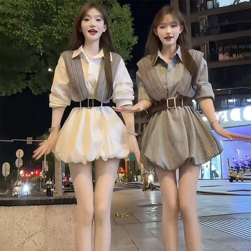 早秋穿搭连衣裙2025新款今年流行巨好看披肩收腰长袖中长款衬衫裙