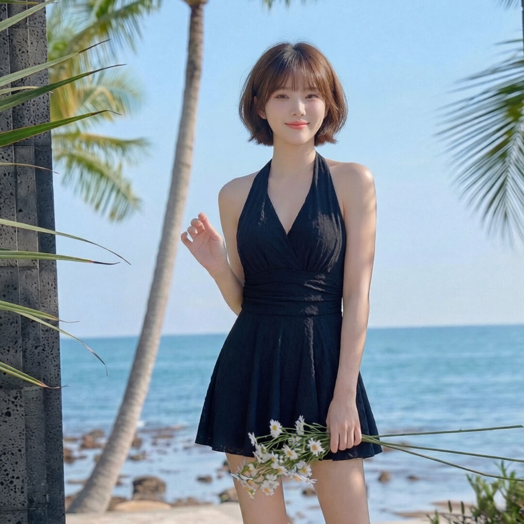性感V领挂脖连体裙式泳衣显瘦