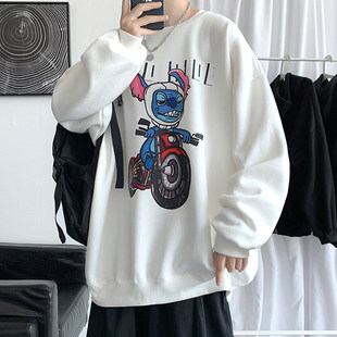 打底潮牌印花衫加绒套头青少年oversize春秋季美式衣大码ins男卫