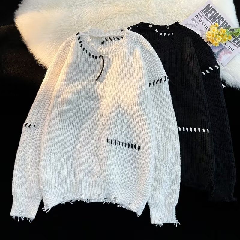 朋克破洞毛衣男生废土风慵懒圆领针织衫赛博嘻哈高街破坏毛衣ins