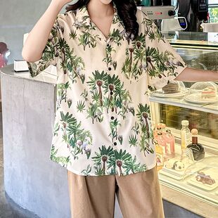海边度假风短袖花衬衫女夏威夷ins超仙沙滩衬衣复古港风宽松上衣
