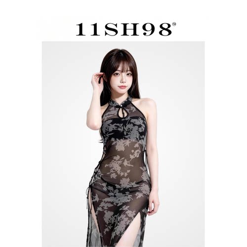 11SH98性感透视网纱旗袍睡衣印花开叉包臀制服睡裙2026新款夏女薄