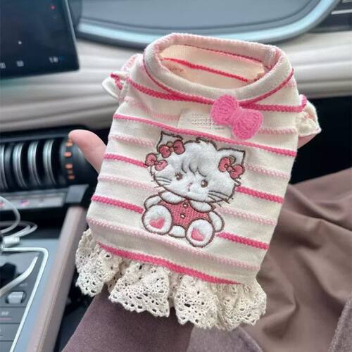 宠物猫狗衣服春夏秋条纹小猫卡通刺绣蕾丝蝴蝶结公主裙奶狗小体穿