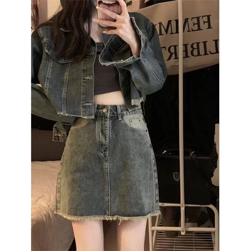 牛仔时尚套装女装短款外套上衣春季新款包臀半身裙气质裙子两件套