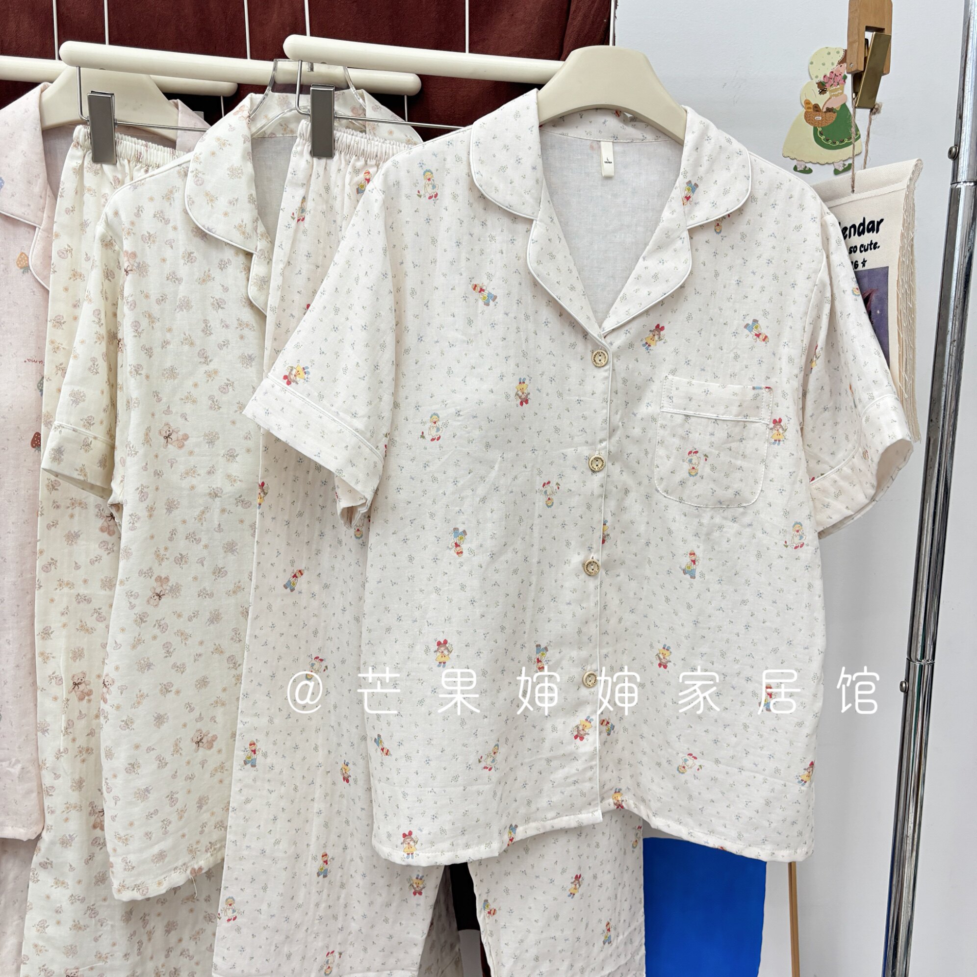 巨软巨舒服婴儿棉纱短袖长裤带胸垫女式翻领睡衣女薄款家居服套装