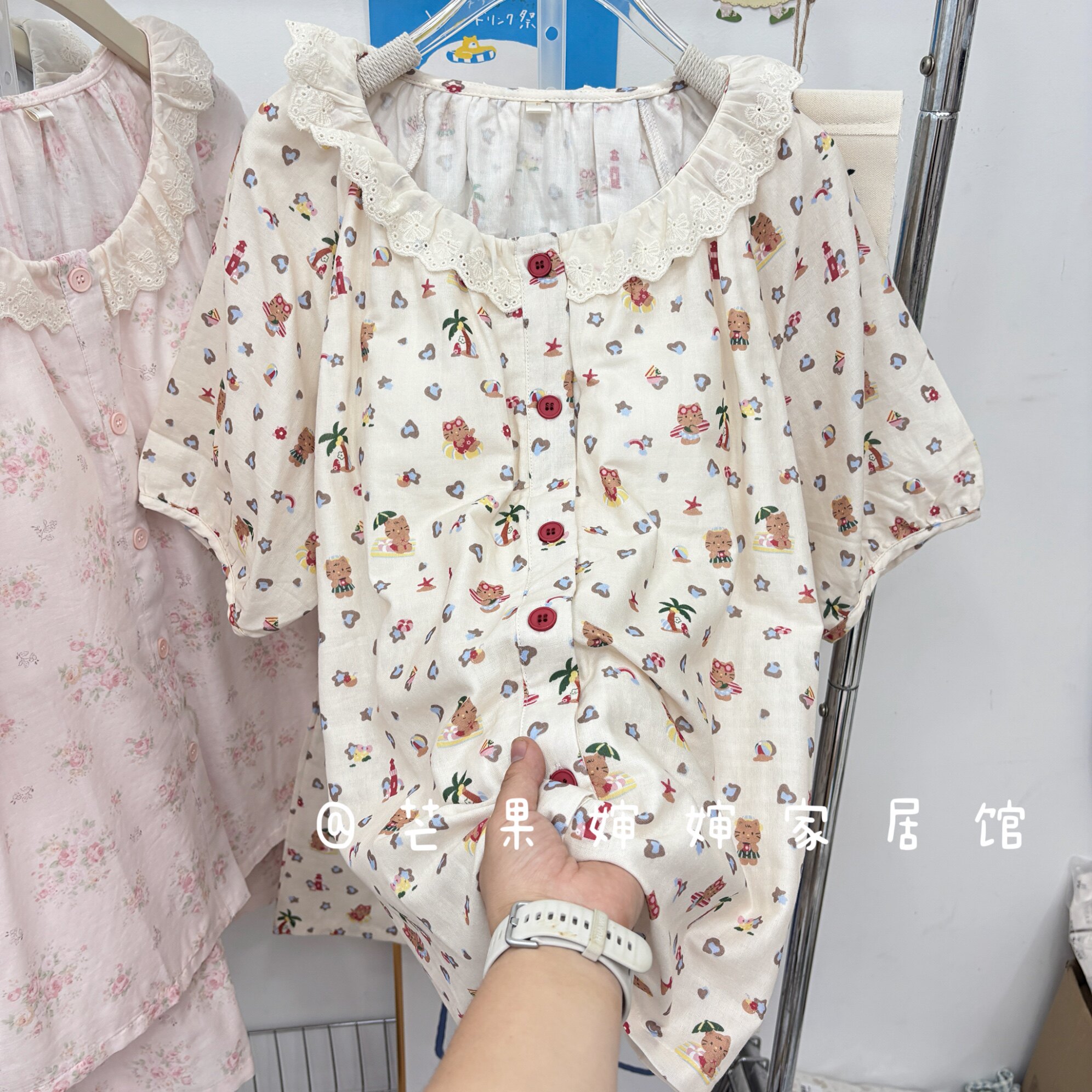 可爱舒服有氧纱娃娃领睡衣女夏季带胸垫短袖短裤家居服套装可外穿