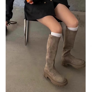 TWTW鹿皮加绒套筒厚底不过膝长靴女2023新款休闲弹力烟筒瘦瘦靴潮