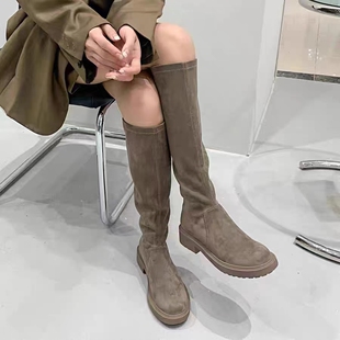 MM英伦风黑色长靴女设计感小众2023新款百搭休闲套筒鹿皮绒烟筒靴