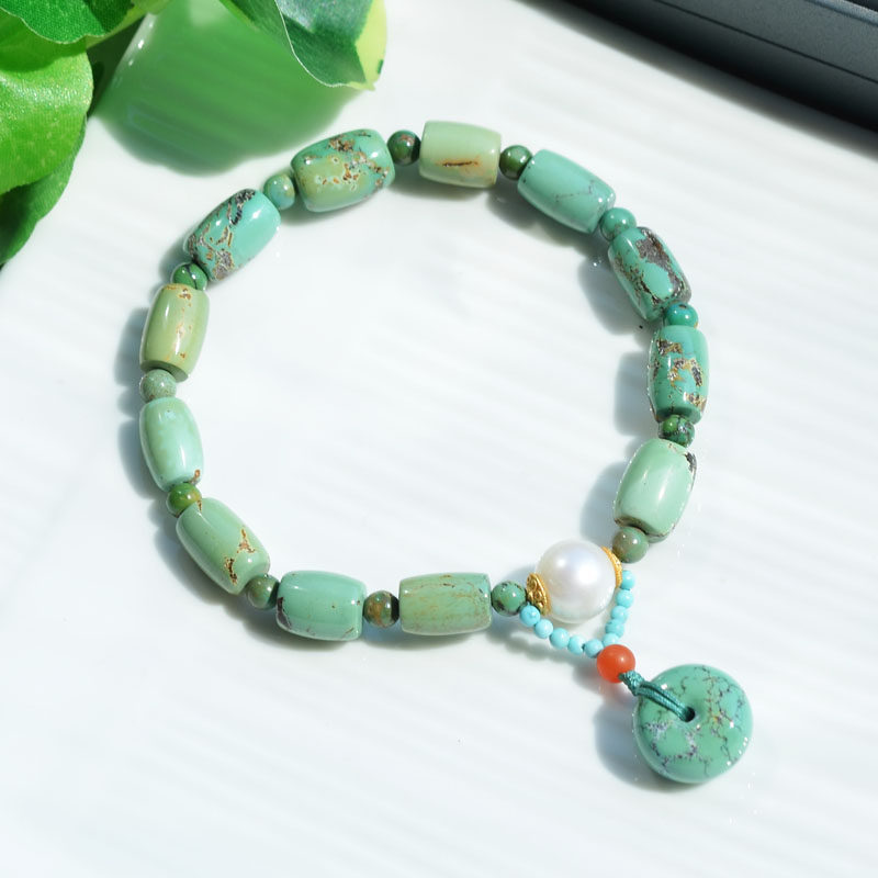 여성을위한 청록색 안전 버클 골동품 숲 스타일과 천연 크리스탈 광석 높은 도자기 녹색 청록색 배럴 비드 팔찌