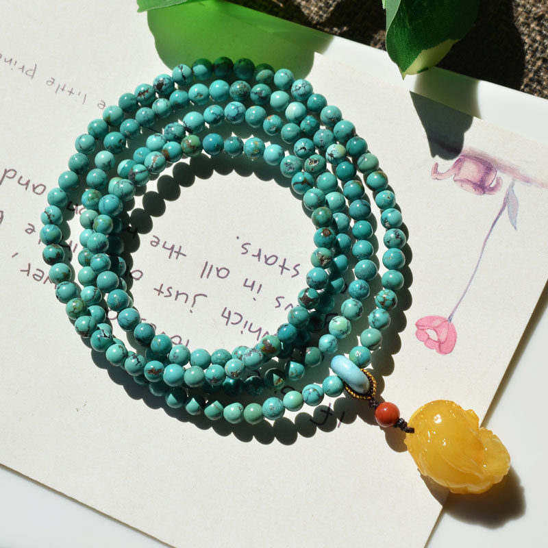 천연 크리스탈 원광석 청록색 메쉬 꽃 청록색 4원 팔찌 목걸이 밀랍 PIXIU 복고풍 남성과 여성