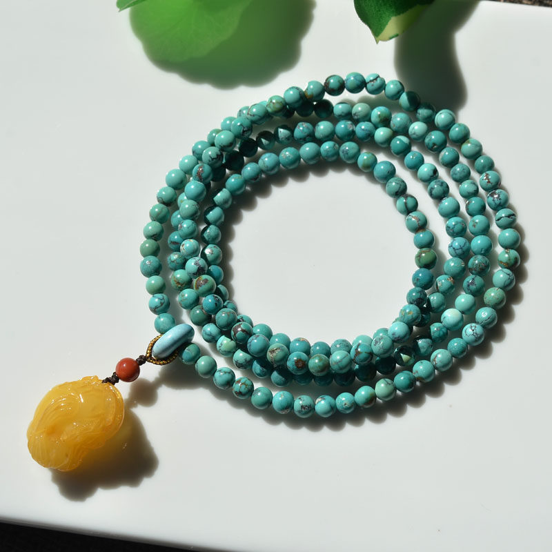 천연 크리스탈 원광석 청록색 메쉬 꽃 청록색 4원 팔찌 목걸이 밀랍 PIXIU 복고풍 남성과 여성