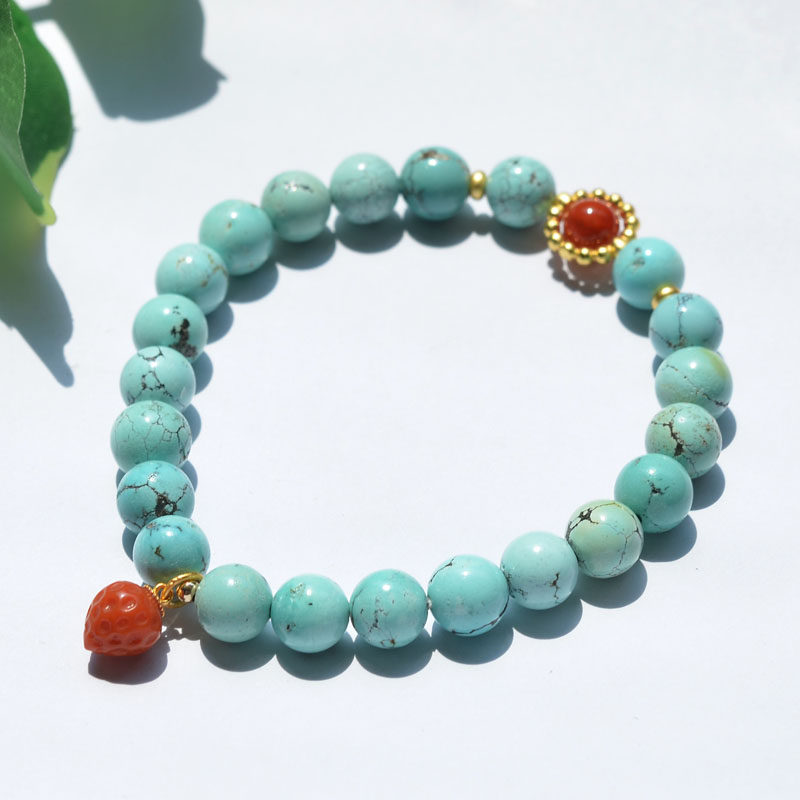 단일 원과 남부 붉은 딸기가 있는 천연 크리스탈 원광석 최적화되지 않은 파란색 청록색 팔찌 단순하고 우아한 여성 스타일
