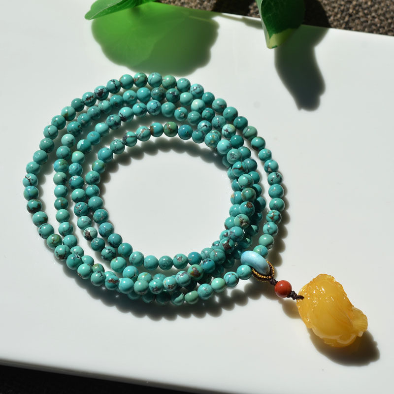 천연 크리스탈 원광석 청록색 메쉬 꽃 청록색 4원 팔찌 목걸이 밀랍 PIXIU 복고풍 남성과 여성