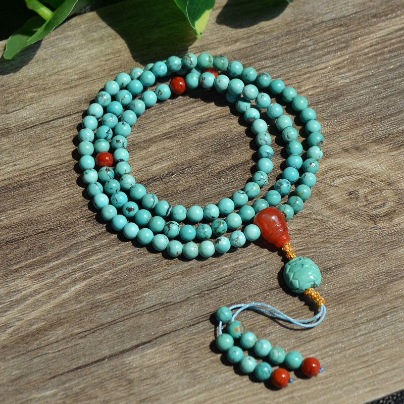 천연 크리스탈 광석 최적화되지 않은 청록색 청록색 108개 3원 팔찌 복고풍 우아한 여성 모델 4.8MM