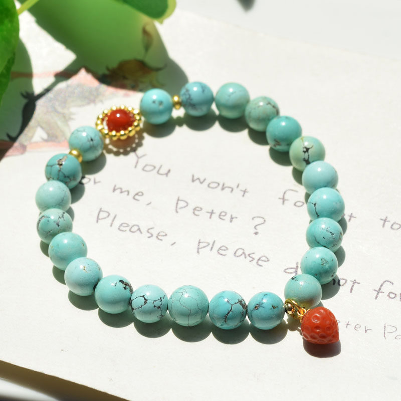 단일 원과 남부 붉은 딸기가 있는 천연 크리스탈 원광석 최적화되지 않은 파란색 청록색 팔찌 단순하고 우아한 여성 스타일