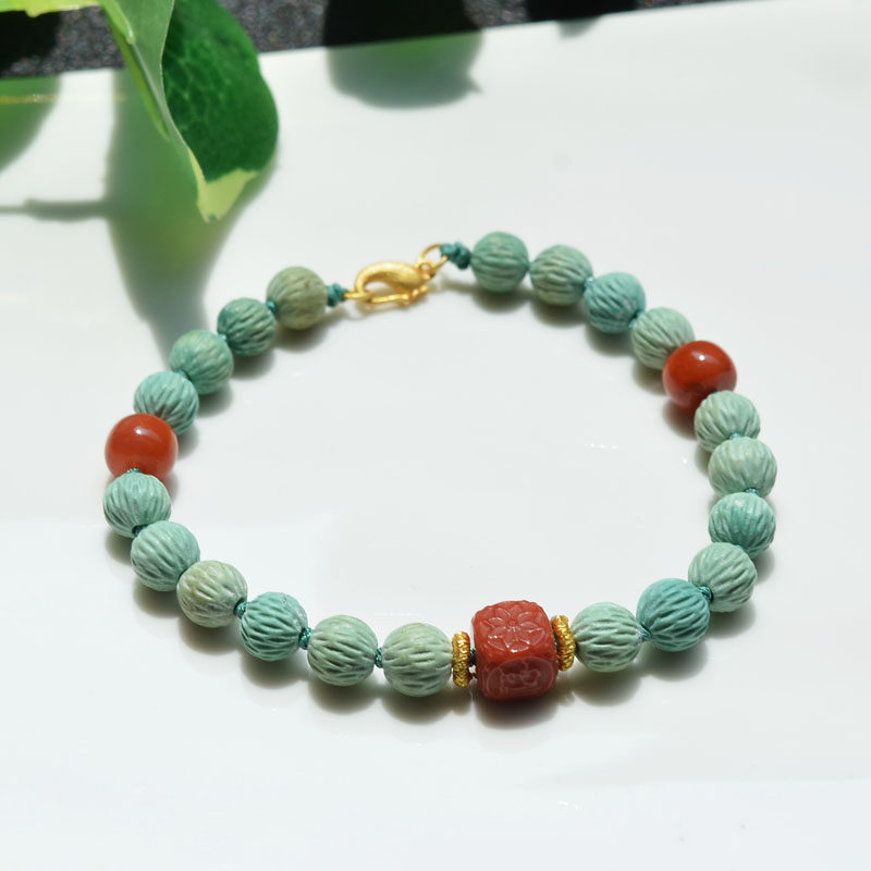 남부 붉은 손으로 짠 앤티크 스타일의 천연 크리스탈 광석 미디엄 도자기 매트 황록색 청록색 패션 씨앗 팔찌