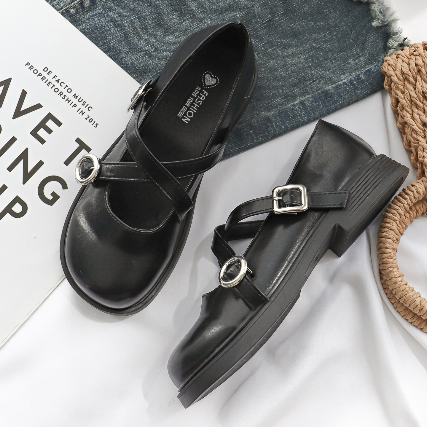 黑色夏季小皮鞋女玛丽珍鞋交叉绑带复古平底配裙子单鞋学院风百搭