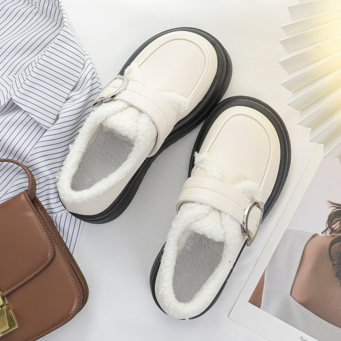 白色冬季加绒小皮鞋女英伦风厚底增高休闲鞋百搭学院风保暖棉鞋子,女鞋,深口单鞋,淘宝优惠券,粉丝福利购,淘宝优惠卷