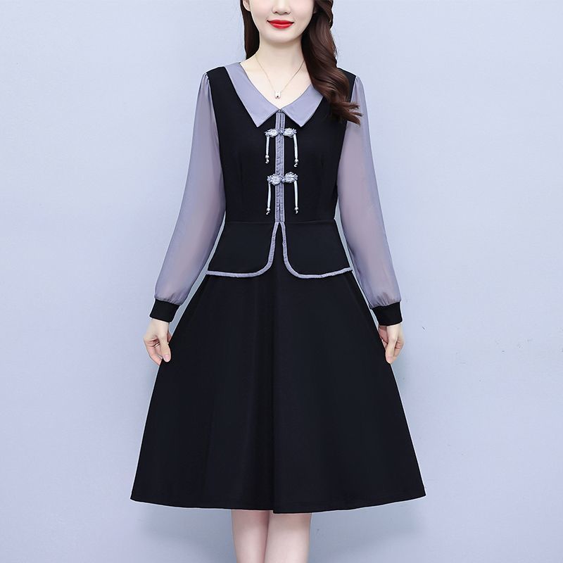 妈妈装假两件连衣裙女装2025秋季高端气质时尚长袖连衣裙改良旗袍