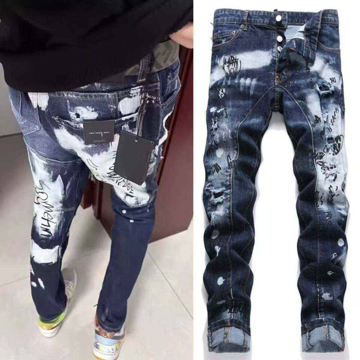 广州高版本3小人D2泼墨牛仔长裤男立体涂鸦修身破洞补丁弹力小脚