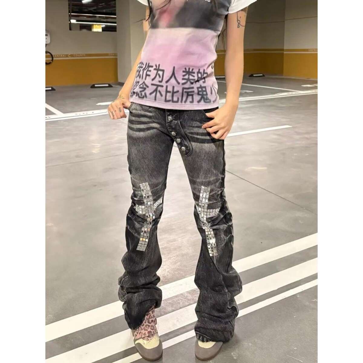 美式复古重工做旧破洞牛仔裤女冬新款古早街头辣妹亚比修身直筒裤