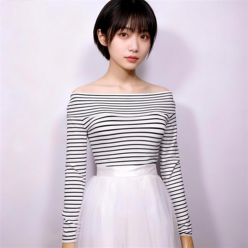 一字领露肩修身针织衫上衣女长袖