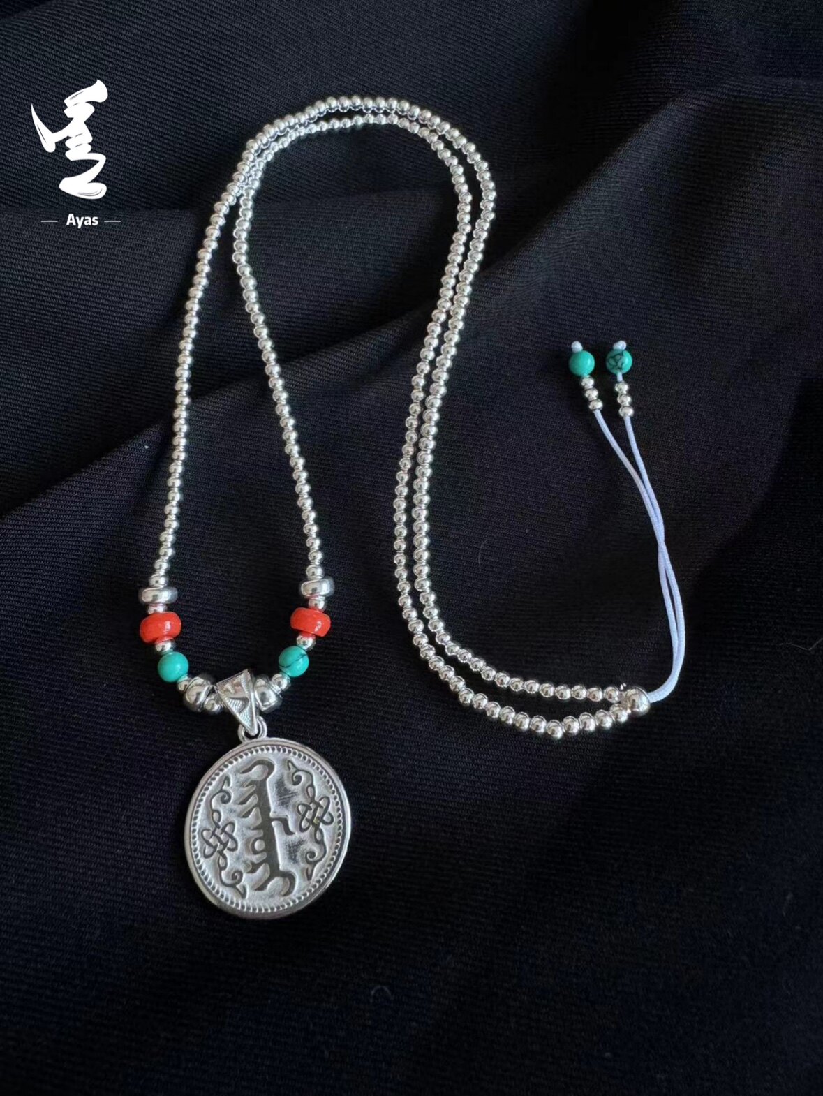 990足银手工蒙文黑牧日吊坠项链纯银索永布蒙古元素银珠项链蒙族