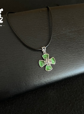 925纯银复古绿猫眼石吊坠纯银泰银复古四叶草吊坠项链艾斯银饰女