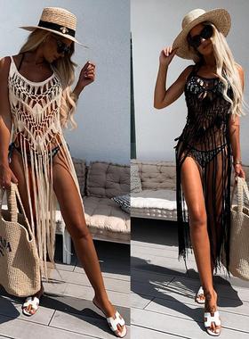 hollow tassel knit crochet tunic beach dress outfit