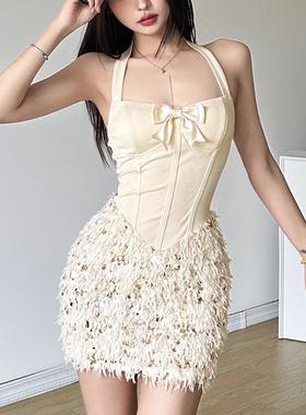 Womens light luxury sequined halter neck dress