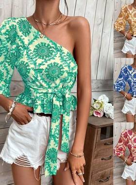 hem one-shoulder lantern ruffled shirt top sleeve Summer