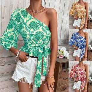 hem one-shoulder lantern ruffled shirt top sleeve Summer
