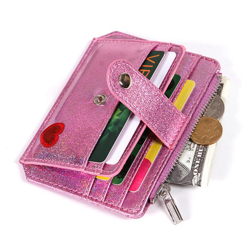 Korean Laser PU Card Holder Heart Embroidery Women's Zipper