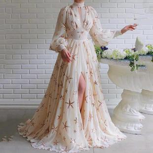 lantern swing sleeves sequined slit chiffon dress gown