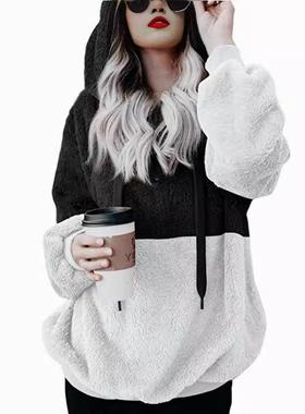 Spliced contrast color top rope hooded sweater fleece jacket