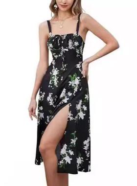 Mid-length corseted flowing slit lace-up womens casual