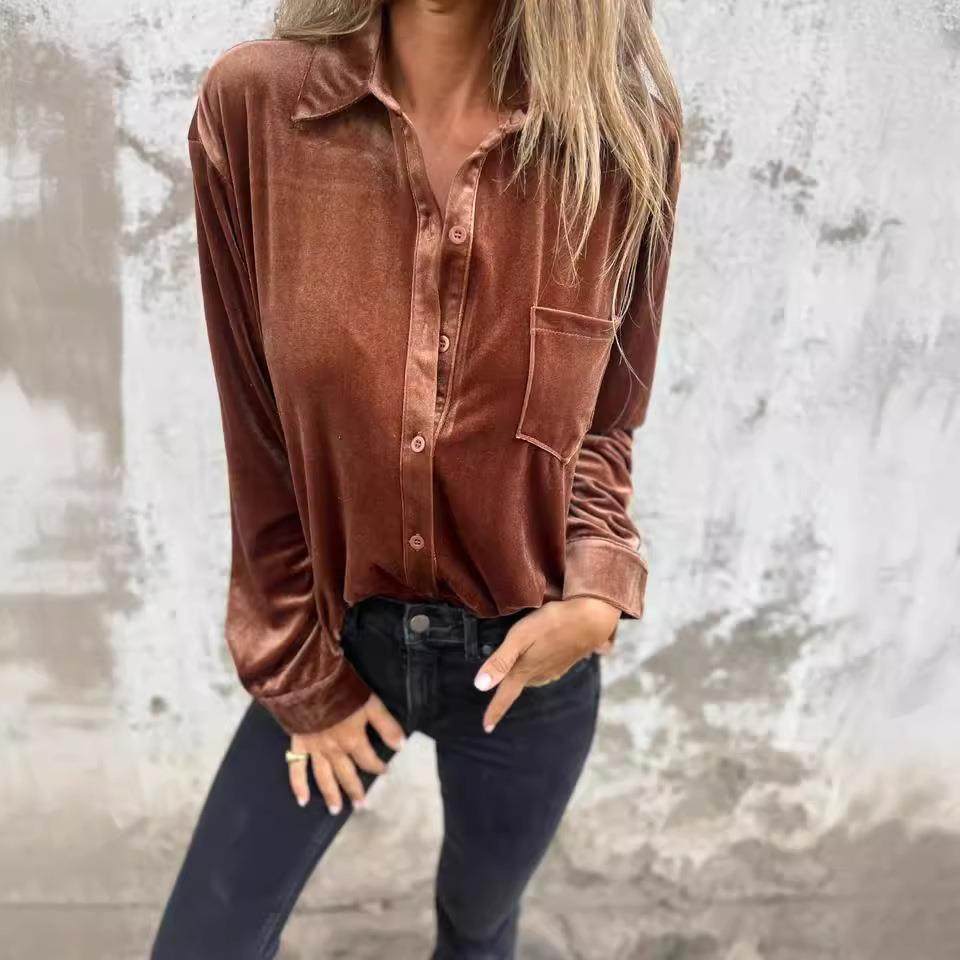 Gold Velvet Shirt Long Sleeve Single Breasted All-match Top