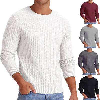 Mens Waffle Solid Color Round Neck Long Sleeve Pullover