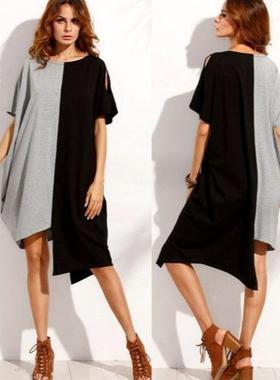 dress irregular sleeve short neck round colorblocked