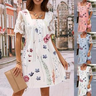 Casual Sleeve Short Dress Lace Floral Splicing Neck Loose