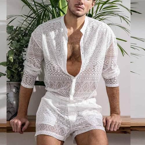 men shirt and shorts festival outfit for mesh black long